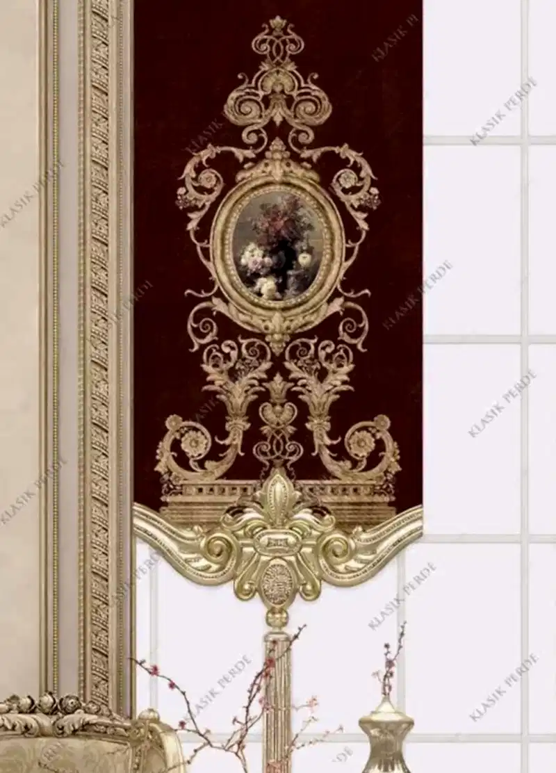 Panel Perde Motifli Dijital Baskılı Bordo - Altın