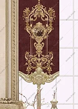 Panel Perde Motifli Dijital Baskılı Bordo - Altın