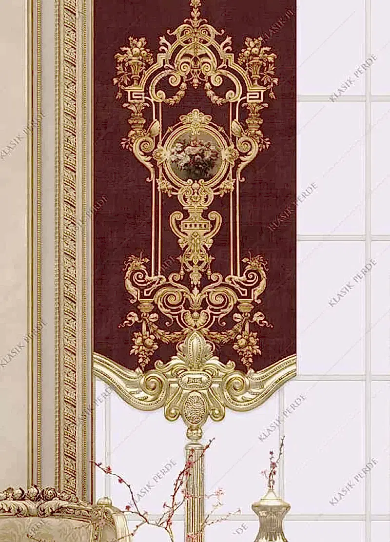 Panel Perde Motifli Dijital Baskılı Bordo - Altın