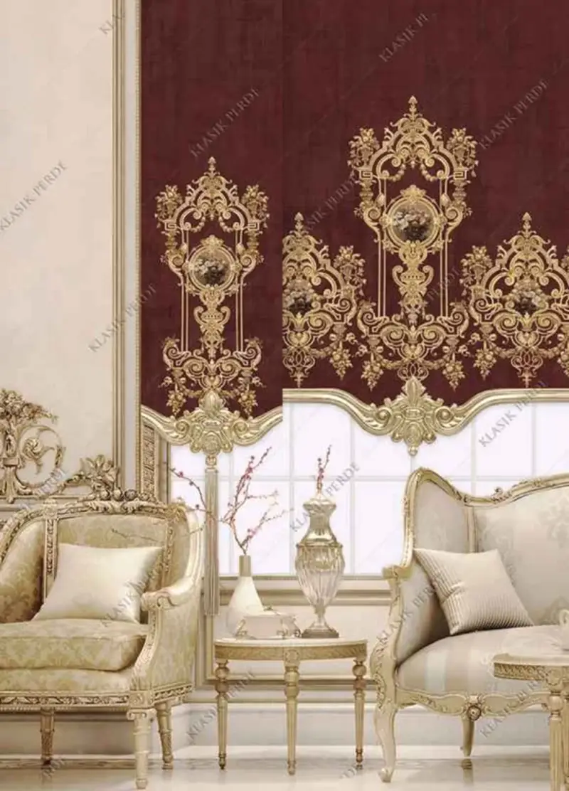 Panel Perde Motifli Dijital Baskılı Bordo - Altın