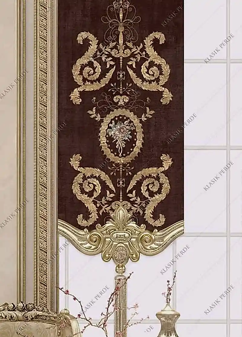 Panel Perde Motifli Dijital Baskılı Kahve - Altın
