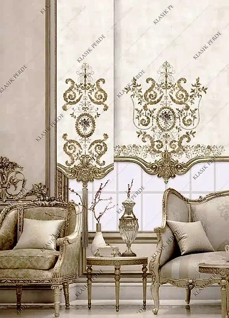 Panel Perde Motifli Dijital Baskılı K.Beyaz - Altın Panel Perde Motifli Dijital Baskılı K.Beyaz - Altın