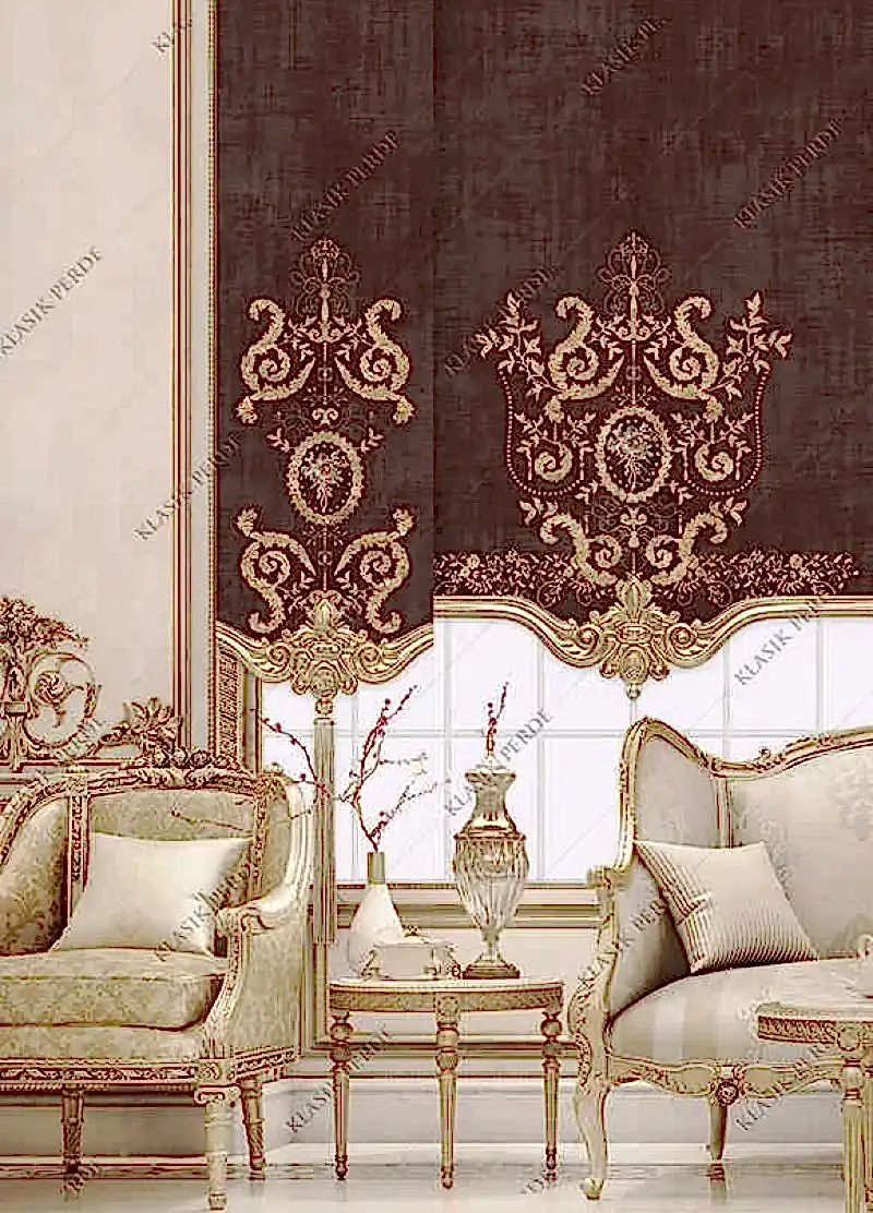 Panel Perde Motifli Dijital Baskılı Kahve - Altın