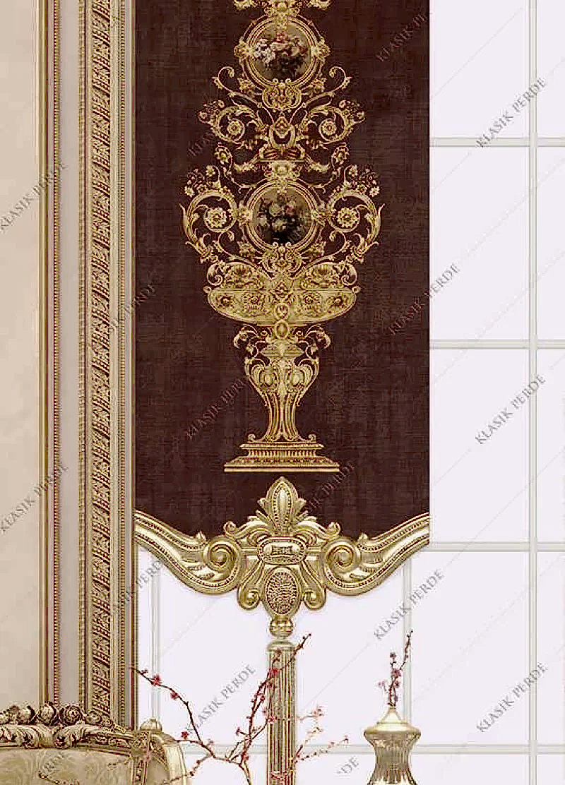 Panel Perde Motifli Dijital Baskılı Kahve - Altın Panel Perde Motifli Dijital Baskılı Kahve - Altın