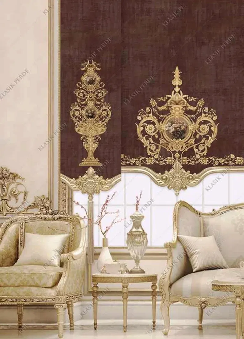 Panel Perde Motifli Dijital Baskılı Kahve - Altın Panel Perde Motifli Dijital Baskılı Kahve - Altın