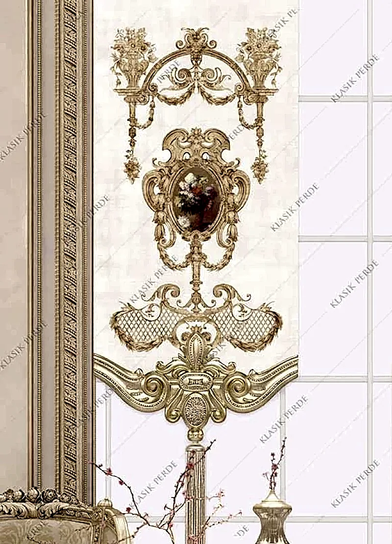 Panel Perde Motifli Dijital Baskılı K.Beyaz - Altın Panel Perde Motifli Dijital Baskılı K.Beyaz - Altın