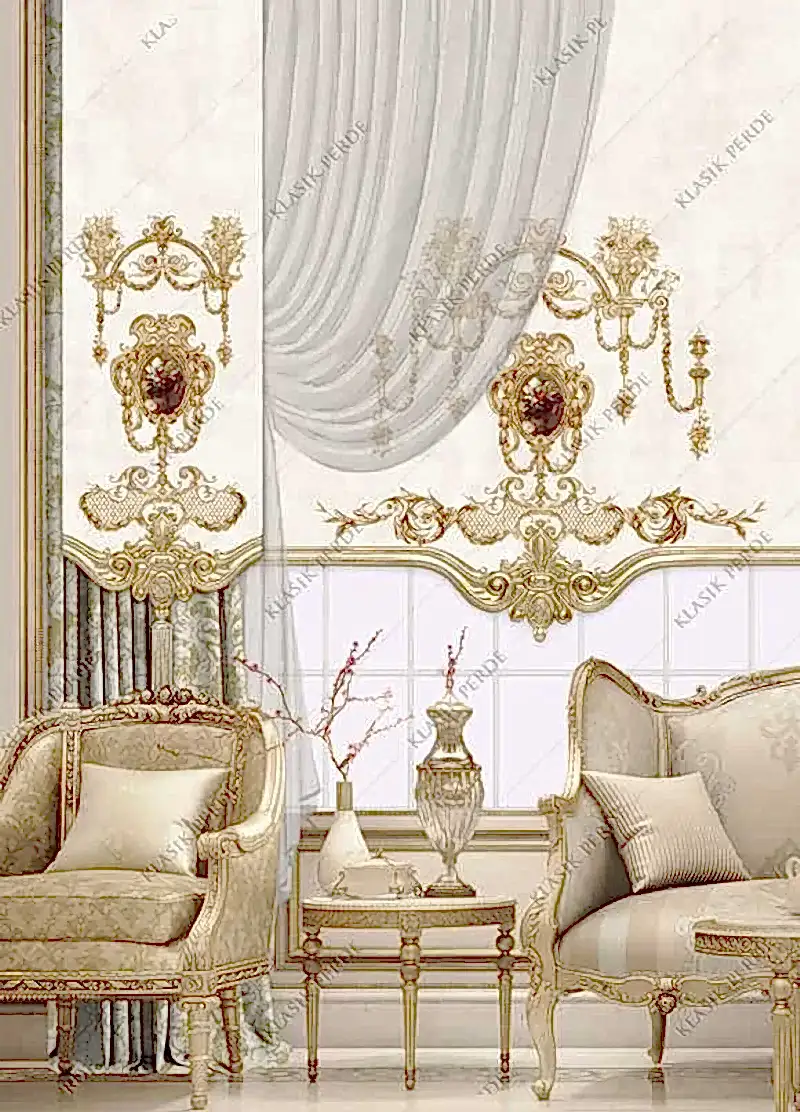Panel Perde Motifli Dijital Baskılı K.Beyaz - Altın Panel Perde Motifli Dijital Baskılı K.Beyaz - Altın