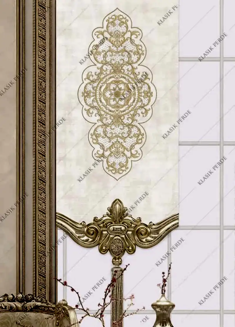 Panel Perde Motifli Dijital Baskılı  K.Beyaz - Altın