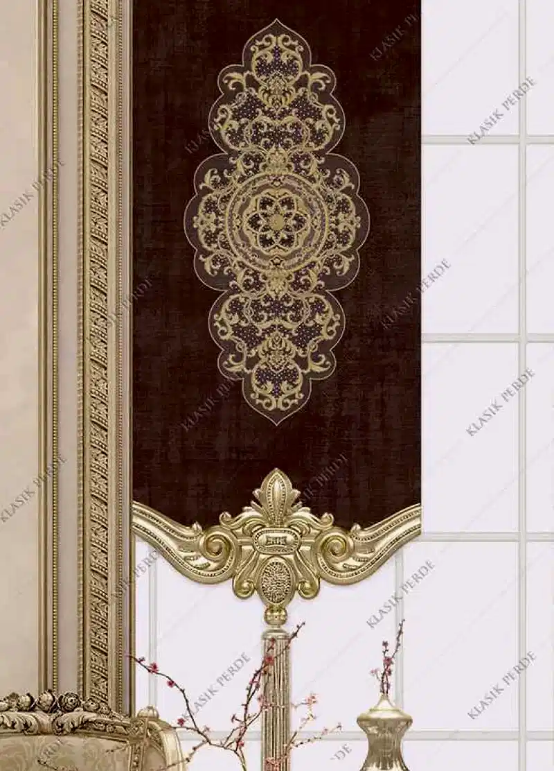 Panel Perde Motifli Dijital Baskılı  Kahve - Altın