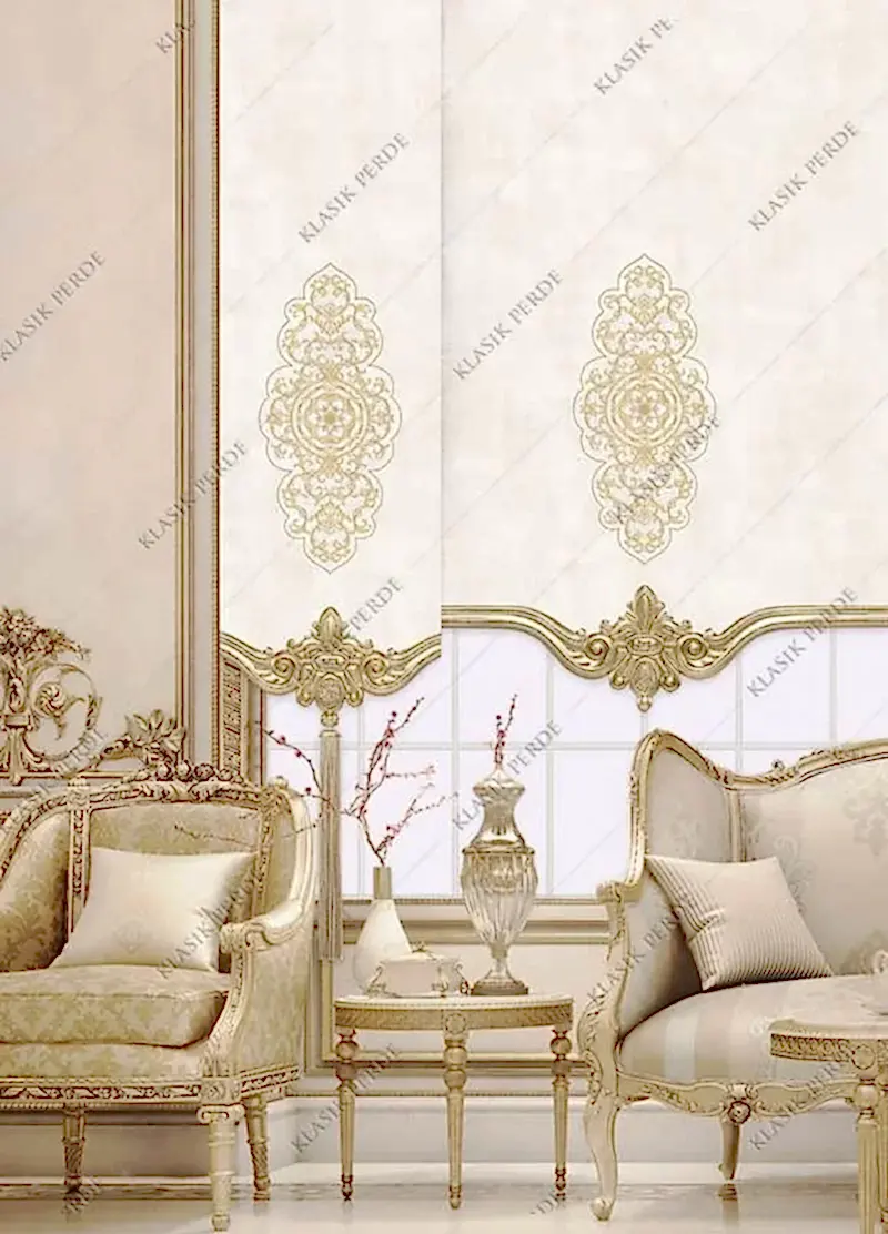 Panel Perde Motifli Dijital Baskılı  K.Beyaz - Altın