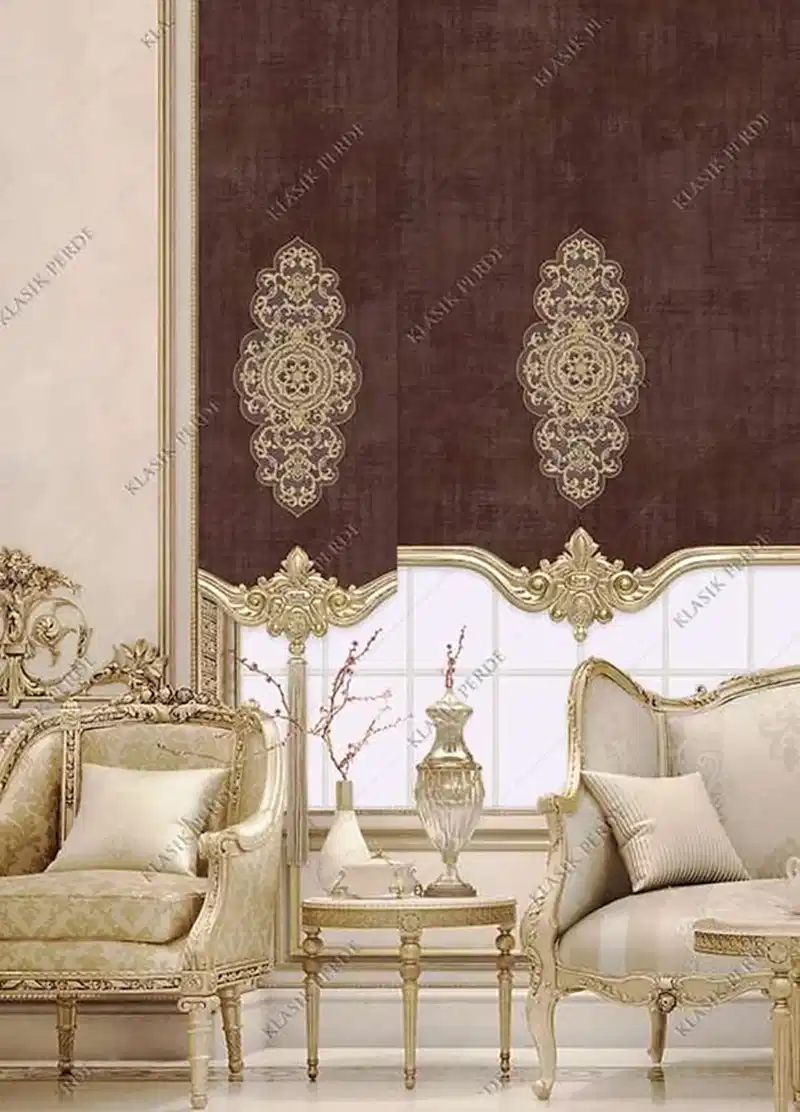 Panel Perde Motifli Dijital Baskılı  Kahve - Altın