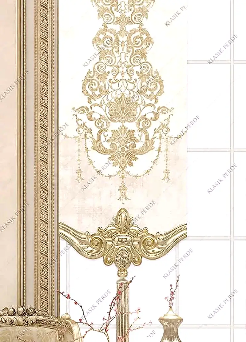 Panel Perde Motifli Dijital Baskılı Krem - Altın Panel Perde Motifli Dijital Baskılı Krem - Altın