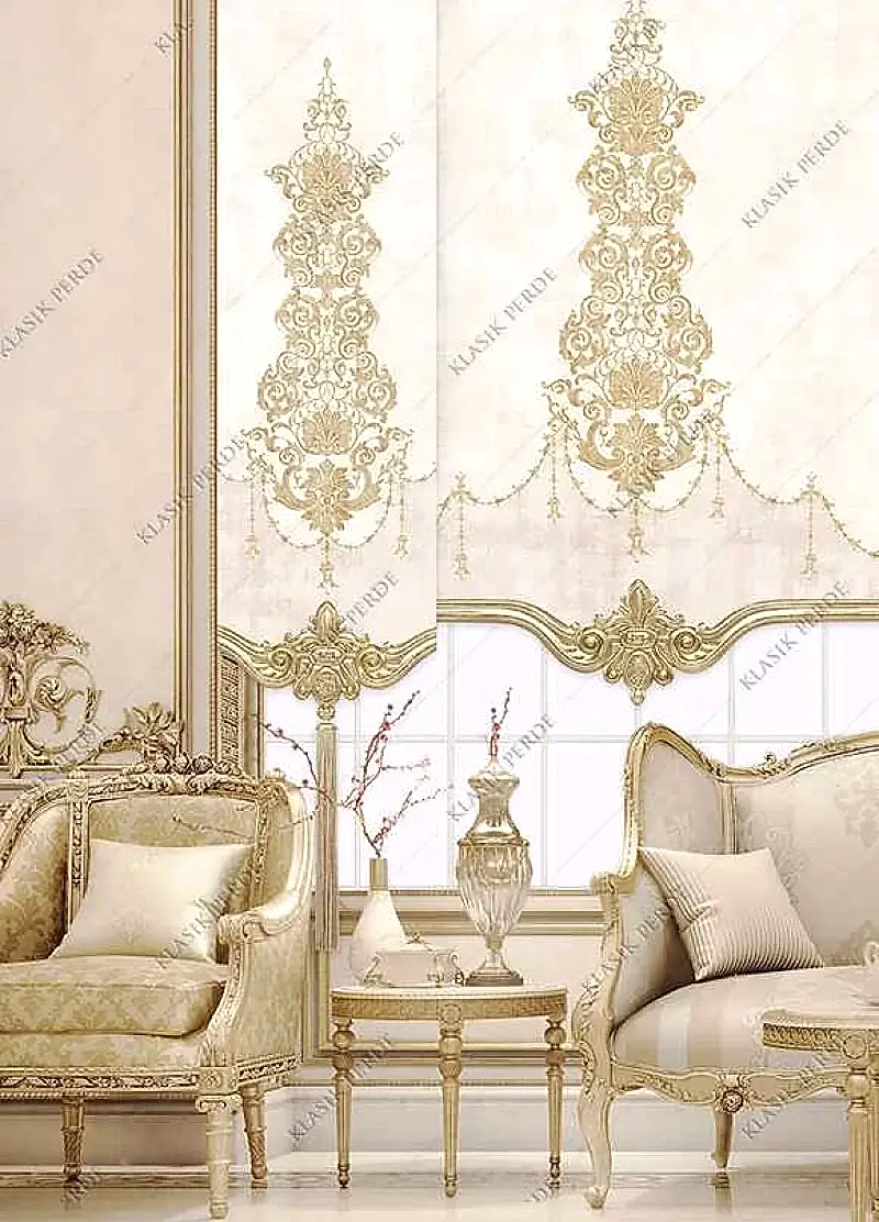 Panel Perde Motifli Dijital Baskılı Krem - Altın Panel Perde Motifli Dijital Baskılı Krem - Altın