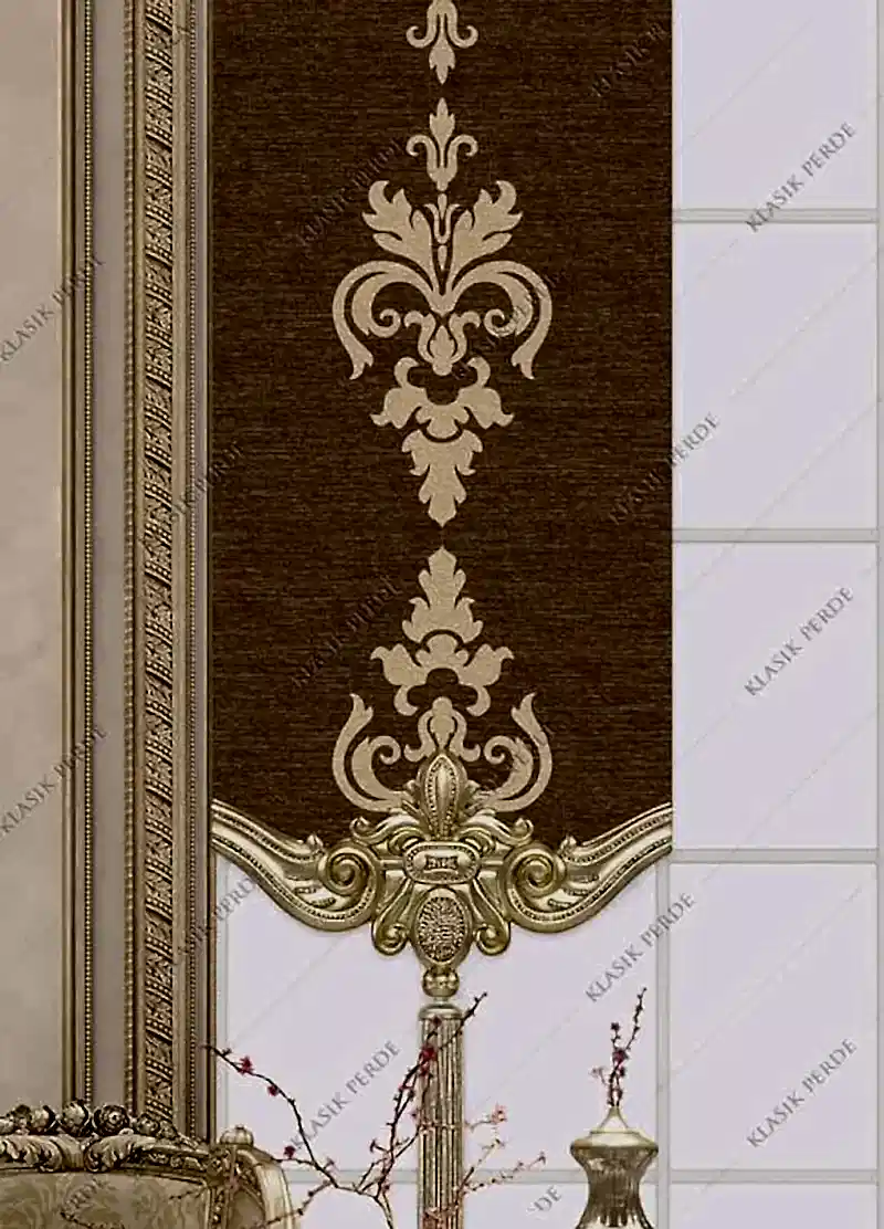 Panel Perde Motifli ve Yaldız Baskılı Kahve - Altın